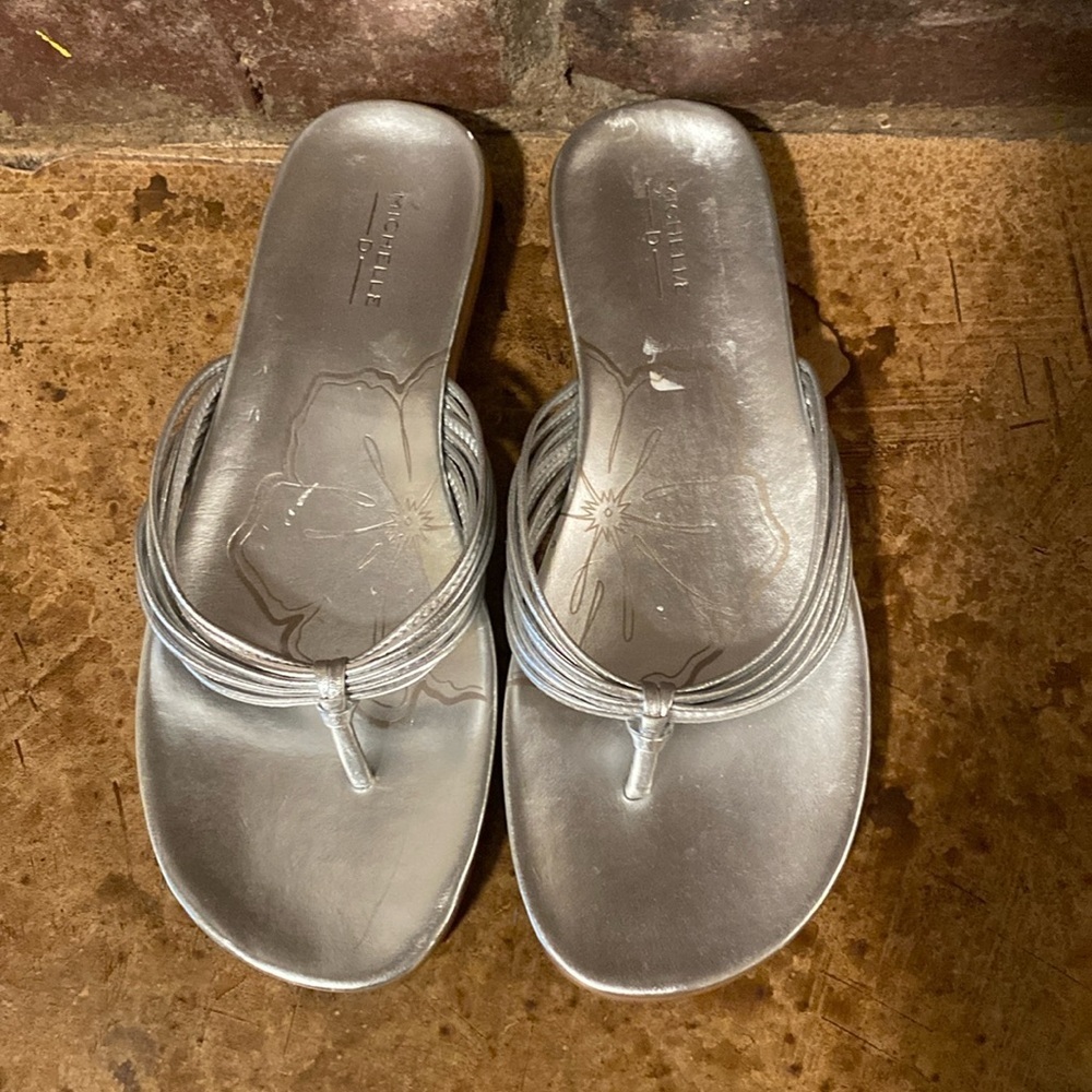 Michelle D silver platinum strappy slide flip‎ flop sandals